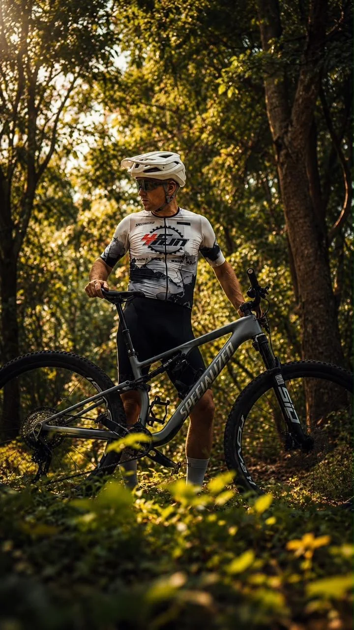 Márcio Ravelli ao lado da bike em trilha na mata
